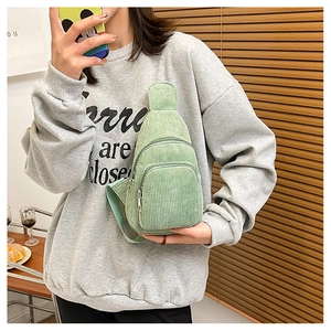 Detailed texture of light green corduroy crossbody bag with double zipper compartments