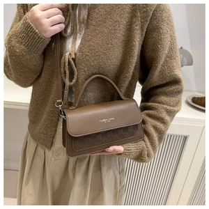 Detail of dark brown handbag with embossed checkerboard pattern and fashion trend text