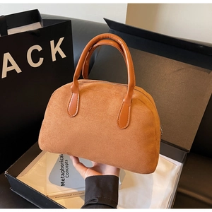 Women Retro Suede Texture Boston Bag Large Capacity Frosted PU Leather Handbag Vintage Bowling Bag Zipper Closure Daily Purse