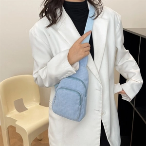 Detail of light blue corduroy crossbody bag with soft striped texture and dual zippers