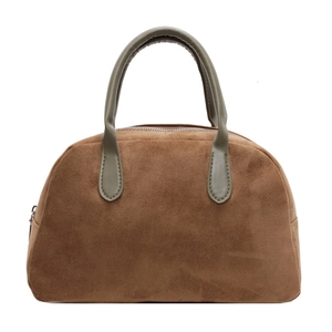 Retro brown suede Boston handbag with olive green leather handles and zipper