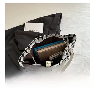 Grand sac cabas à motif pied-de-poule avec compartiment pour tablette et livres