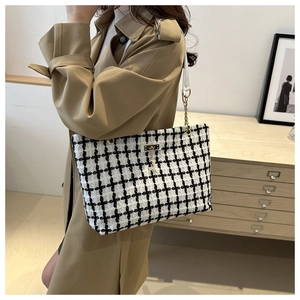 Plaid tweed tote bag for women with metal chain strap and deer charm detail