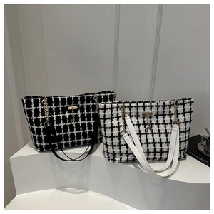 Classic checkered tweed tote bags with metal chain straps and deer charm pendants