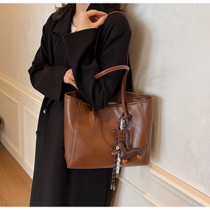 Retro oversized dark brown tote bag with dachshund charm and decorative side stitching