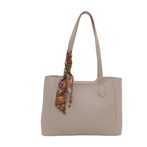 Elegant beige tote bag with patterned silk scarf handle and large capacity design