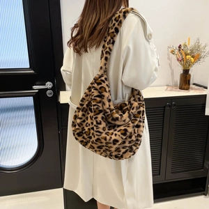 Plüsch-Schultertasche mit Leopardenmuster aus Kunstpelz, modische Herbst-Tote für Damen
