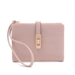 Detail view of pink PU leather wallet featuring rectangular embossed texture and metal clasp