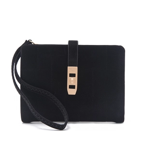 Detail of matte black PU leather wallet with gold metal buckle and wrist strap