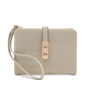 Close-up of beige PU leather wallet featuring textured grid pattern and rose gold buckle