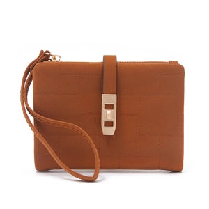 Brown faux leather short wallet with metal buckle and wrist strap on white background