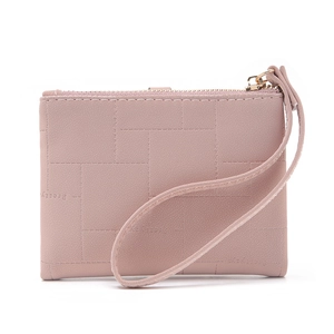 Minimalist pink PU leather wallet for women with wrist strap and square quilted pattern