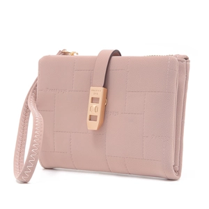 Pink minimalist PU leather wallet with geometric stitching and gold clasp closure