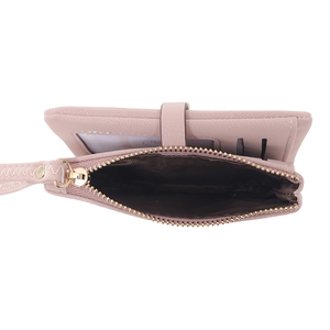 Pink PU leather short wallet with card slots and golden zipper coin pocket detail