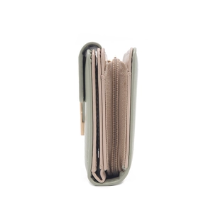 Portefeuille pliable en cuir PU vert sauge avec fentes pour cartes et poche zippée en métal