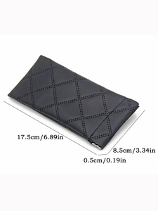 Black quilted leather glasses pouch detail with 17.5cm by 8.5cm size measurements