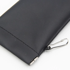 Portable black lychee leather glasses pouch with automatic closure and metal hook