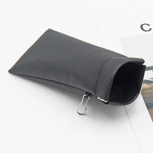 Portable black PU leather eyewear pouch with self-closing clip and metal hook fastener