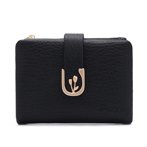 Close-up of black pebble leather wallet featuring a golden tulip clasp and zipper pocket