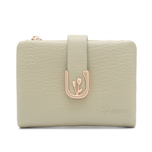 Detail of light green litchi texture PU leather wallet with tulip metal buckle and zipper