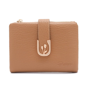 Detail of caramel PU leather wallet showing lychee texture and floral metal buckle