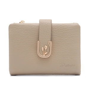 Close-up of khaki PU leather wallet showing tulip metal buckle and litchi grain texture