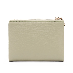 Detailed close-up of light green lychee grain leather wallet with golden metal zipper