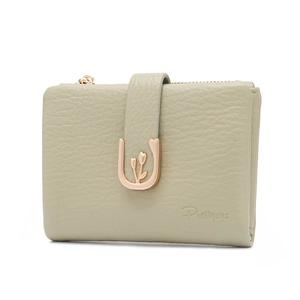 Close-up of light green PU leather wallet with golden tulip buckle and brand logo