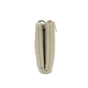 Compact sage green tri-fold PU leather wallet featuring a golden zipper and layered card slots