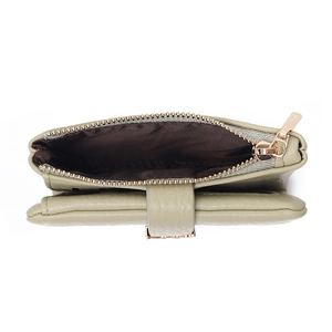Minimalist green PU leather folding wallet for women with golden zipper and lychee texture