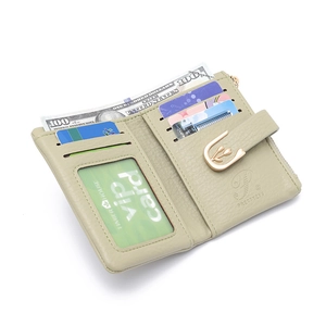 Light green PU leather wallet featuring tulip gold buckle and multiple card slots