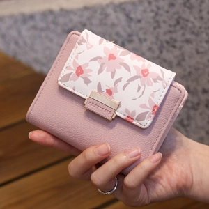 Portefeuille Court en Cuir PU pour Femmes Imprimé Floral Frais Porte-Monnaie Étudiant Avec Boucle Métallique Style Coréen
