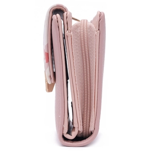 Portefeuille femme en similicuir rose avec détails floraux et zip vue latérale