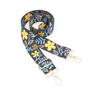 Close-up of floral print strap with premium gold metal swivel hooks and adjuster