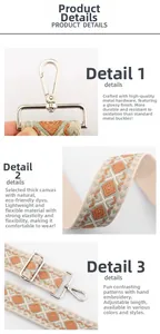 Détails de la bandoulière en toile brodée avec ferrures métalliques et longueur réglable