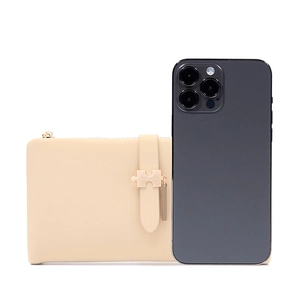 Beige PU leather long wallet compared with a smartphone to show the actual product size