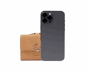 Brown trifold wallet with gold rabbit buckle shown next to phone for size scale
