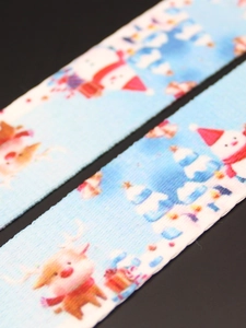 Detail of light blue Christmas strap featuring snowman and reindeer with gold hardware