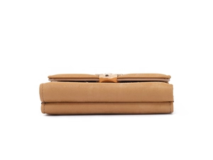Detailed side view of camel frosted leather wallet featuring multi-layer folding design