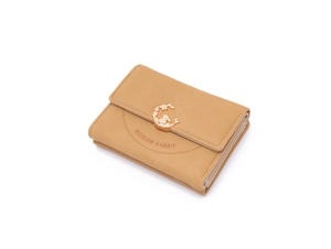 Detail view of khaki trifold leather wallet with golden rabbit clasp and modern rabbit logo