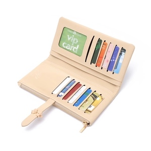 Long beige PU leather wallet for women with multiple card slots and secure zip pocket