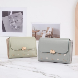 Women's Short Trifold Wallet Korean Style PU Leather Floral Print Gold Flower Buckle Multi-functional Small Purse Card Holder