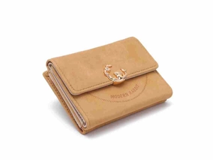 Detail view of the trifold leather wallet with rabbit buckle and card slots