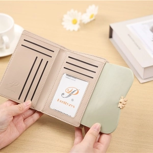 Women's tri-fold PU leather floral wallet with multiple card slots in light beige
