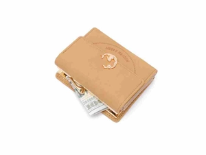 Close-up of a tan leather trifold wallet with a gold rabbit buckle and cash slot detail