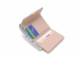 Detail view of tri-fold wallet with card slots, golden buckle, and spacious cash pocket
