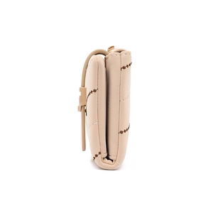 Detail view of beige small folding wallet with delicate coffee floral embroidery