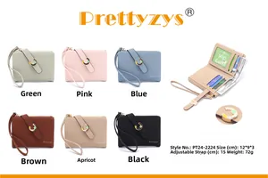 Detailed view of women's leather wallet with card slots, coin pocket, and wrist strap