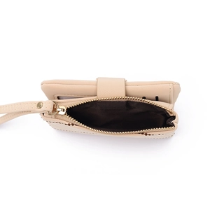 Short beige leather wallet with zipper coin pocket, card slots and wristlet strap