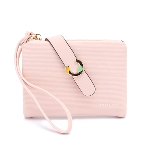 Detail of pink textured leather wallet with metal C buckle and Prettyzys brand logo